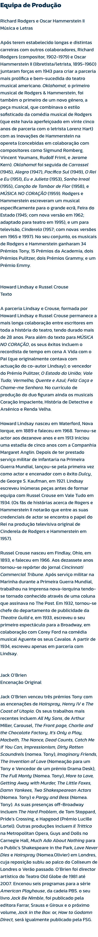 Equipa de Produo 

Richard Rodgers e Oscar Hammerstein II
Msica e Letras 

Aps terem estabelecido longas e distintas carreiras com outros colaboradores, Richard Rodgers (compositor, 1902-1979) e Oscar Hammerstein II (libretista/letrista, 1895-1960) jun