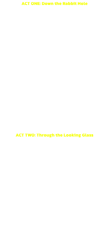 ACT ONE: Down the Rabbit Hole
A Summer Day 
Alice Down the Rabbit Hole 
Pool of Tears
A Trip of Rabbits
The Tweedles 
The Cheshire Cat
Advice from a Blue Caterpillar
The Lobster Quadrille
Mad Hatters
The Queen of Diamonds
The Queen of Clubs Versus The Quee