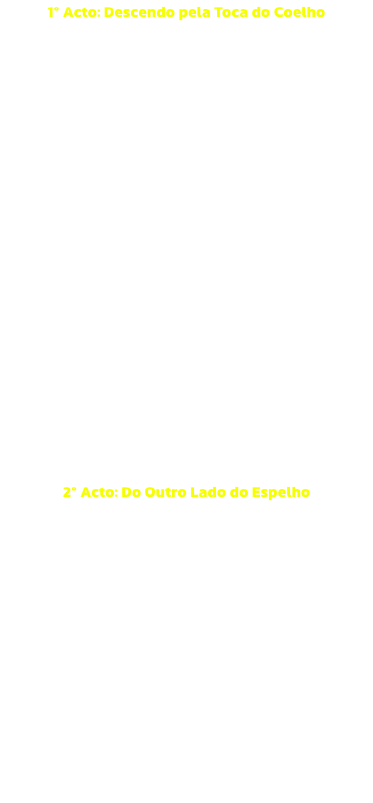 1 Acto: Descendo pela Toca do Coelho
Um Dia de Vero
Alice na Toca do Coelho
O Lago de Lgrimas
Uma Viagem de Coelhos
Os Tweedles
O Gato de Cheshire
Conselhos de Uma Lagarta Azul
A Quadrilha da Lagosta
Chapeleiros Loucos
A Rainha de Ouros
Confronto entre 