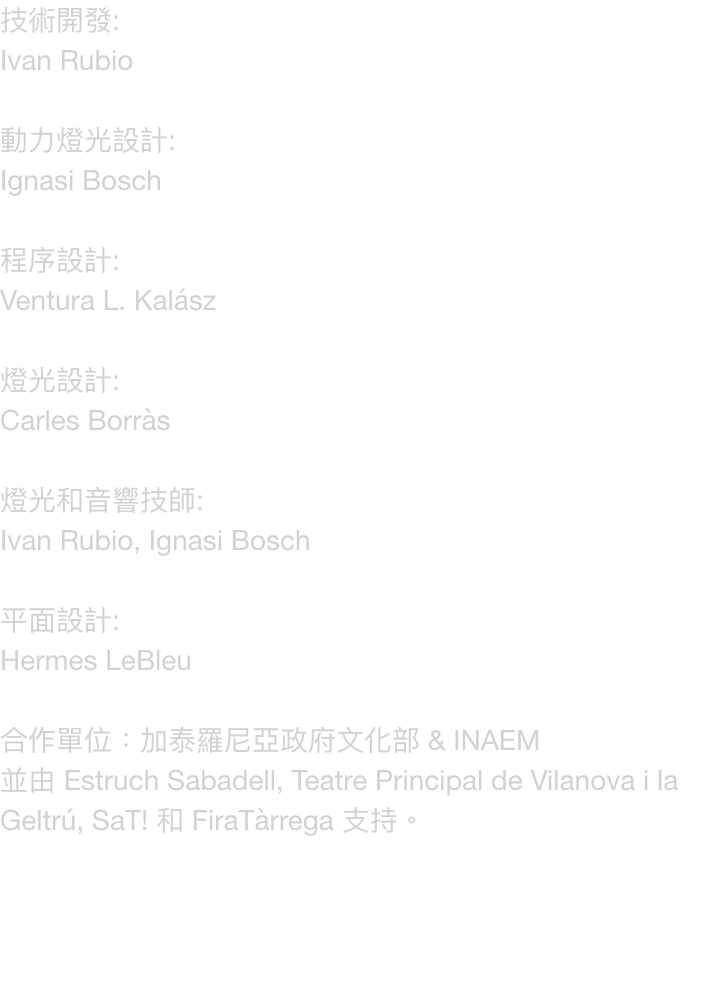 Ivan Rubio

: 
Ignasi Bosch

: 
Ventura L. Kalsz

: 
Carles Borrs

: 
Ivan Rubio, Ignasi Bosch

: 
Hermes LeBleu

 & INAEM
 Estruch Sabadell, Teatre Principal de Vilanova i la Geltr, SaT!  FiraTrrega 