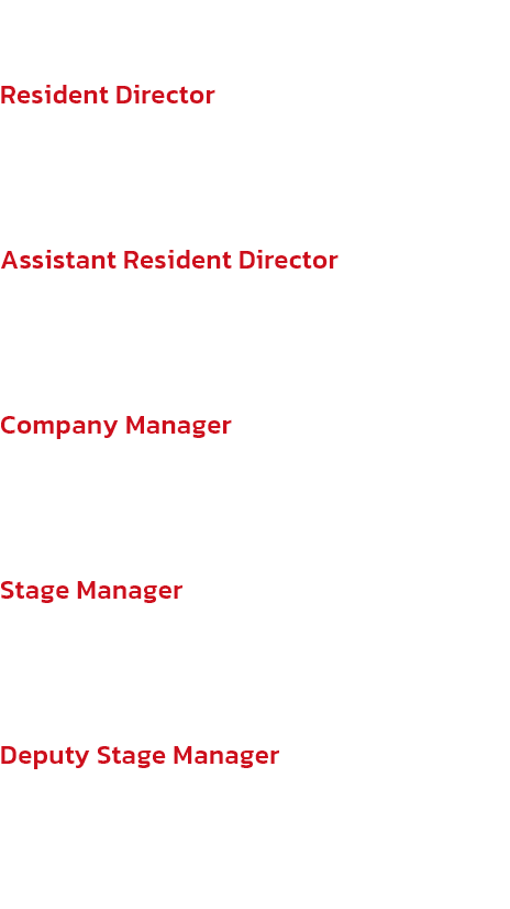 Touring Crew
Resident Director
Alan Vincent

Assistant Resident Director
Daisy May Kemp

Company Manager
Ian Wheatstone

Stage Manager
Duncan Parker

Deputy Stage Manager
Siobhn Scott