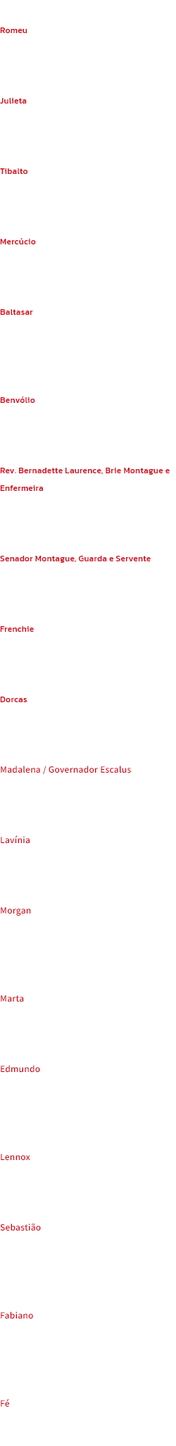 Elenco
Romeu
Paris Fitzpatrick, Jackson Fisch, 
Rory Macleod

Julieta
Monique Jonas, Hannah Kremer, Bryony Pennington

Tibalto
Matthew Amos, Cameron Flynn,
Adam Galbraith, Danny Reubens

Merccio
Cameron Flynn, Rory Macleod, 
Harry Ondrak-Wright

Baltasar
