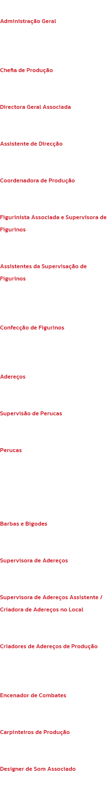 Equipa de Produo
Administrao Geral
Jennie Green for Great Leap Forward Ltd

Chefia de Produo
Tom McEvilly

Directora Geral Associada
Gemma Greig-Kicks

Assistente de Direco
James Miller

Coordenadora de Produo
Sara Cormack

Figurinista Associada 