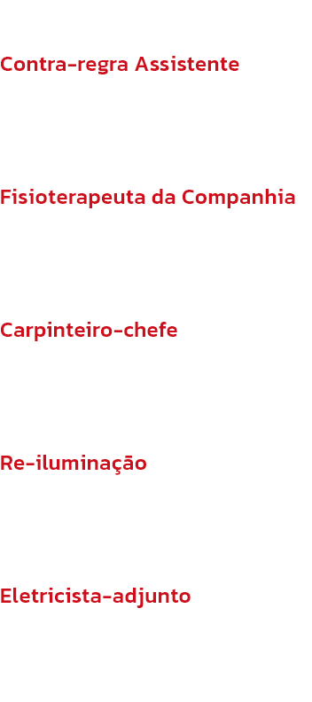 Contra-regra Assistente
Rebecca Harris

Fisioterapeuta da Companhia
Amy Bond

Carpinteiro-chefe
Erin Thomson

Re-iluminao
Risn Dullard

Eletricista-adjunto
Harriet Finch
