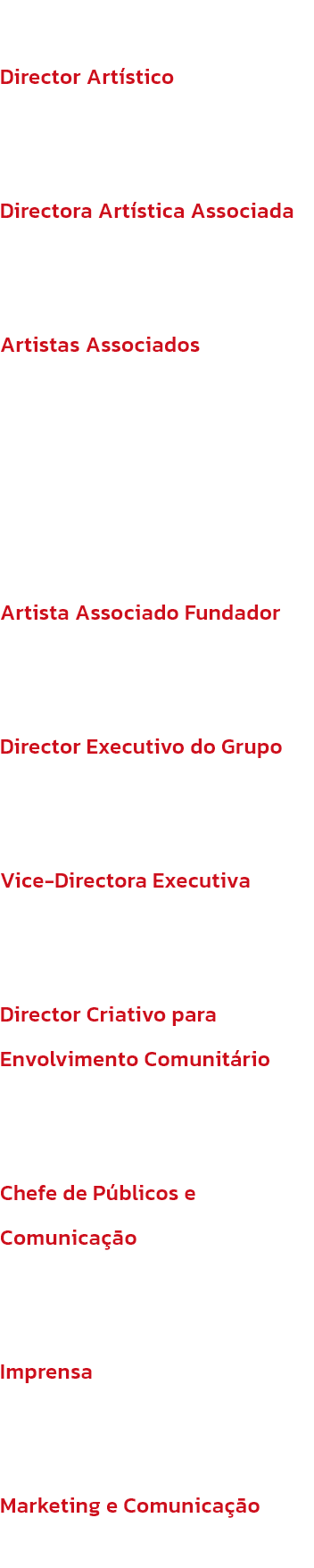 New Adventures
Director Artstico
Sir Matthew Bourne, OBE

Directora Artstica Associada
Etta Murfitt, MBE

Artistas Associados
Lez Brotherston, OBE, Paule Constable, Terry Davies, Paul Groothuis, Brett Morris

Artista Associado Fundador
Scott Ambler (1960