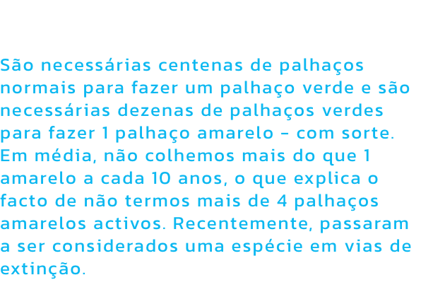 Frmula do palhao amarelo

So necessrias centenas de palhaos normais para fazer um palhao verde e so necessrias dezenas de palhaos verdes para fazer 1 palhao amarelo - com sorte. Em mdia, no colhemos mais do que 1 amarelo a cada 10 anos, o que e
