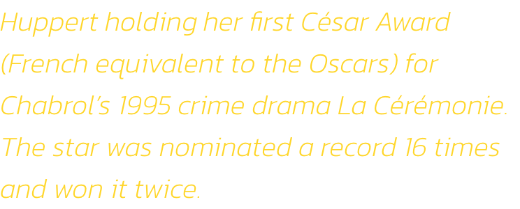 Huppert holding her first Csar Award (French equivalent to the Oscars) for Chabrols 1995 crime drama La Crmonie. The star was nominated a record 16 times and won it twice. 